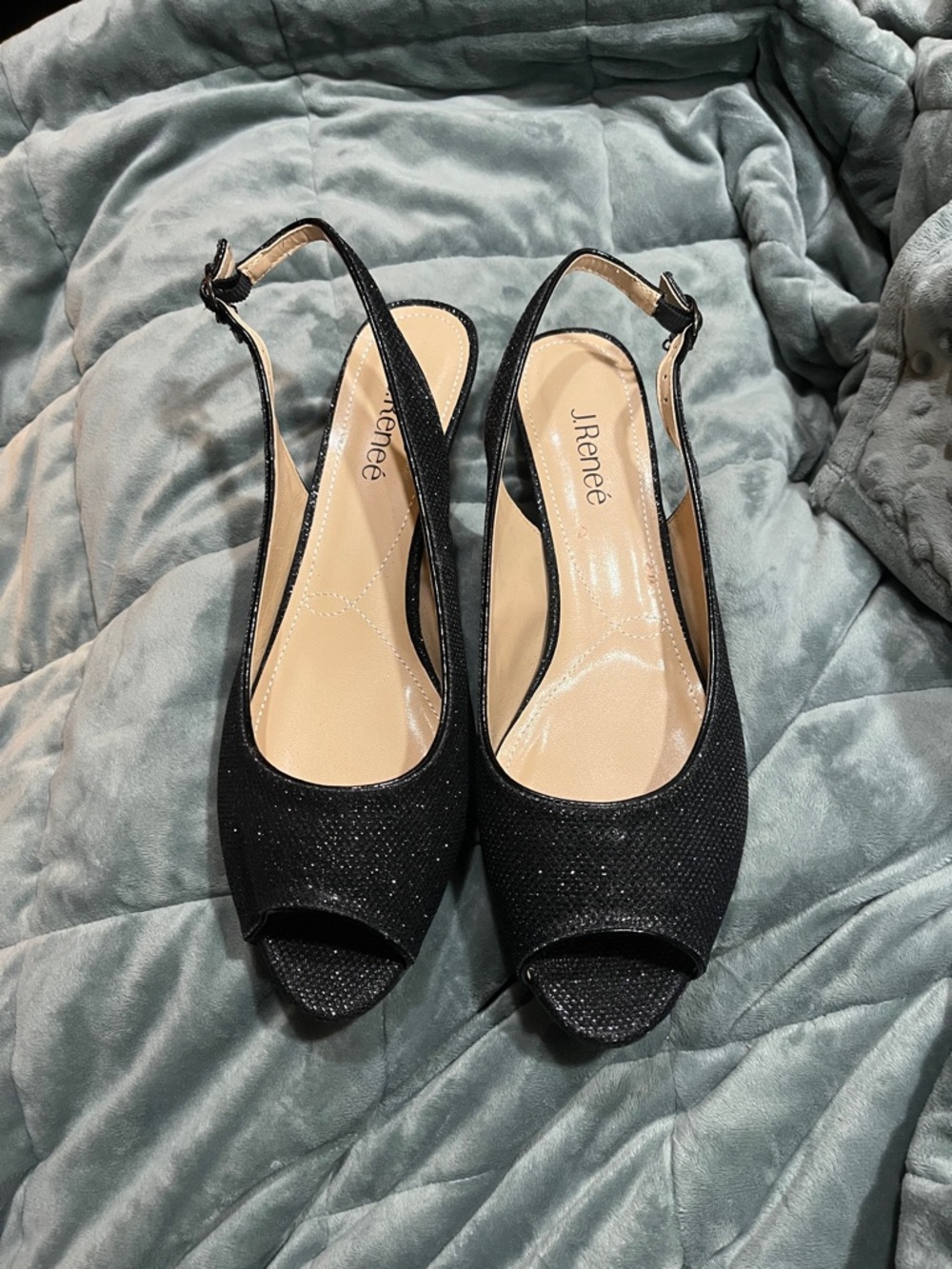J. RENEE  Jenvey Black Sparkle Slingback Peep-Toe Heels (SZ. 12 W)